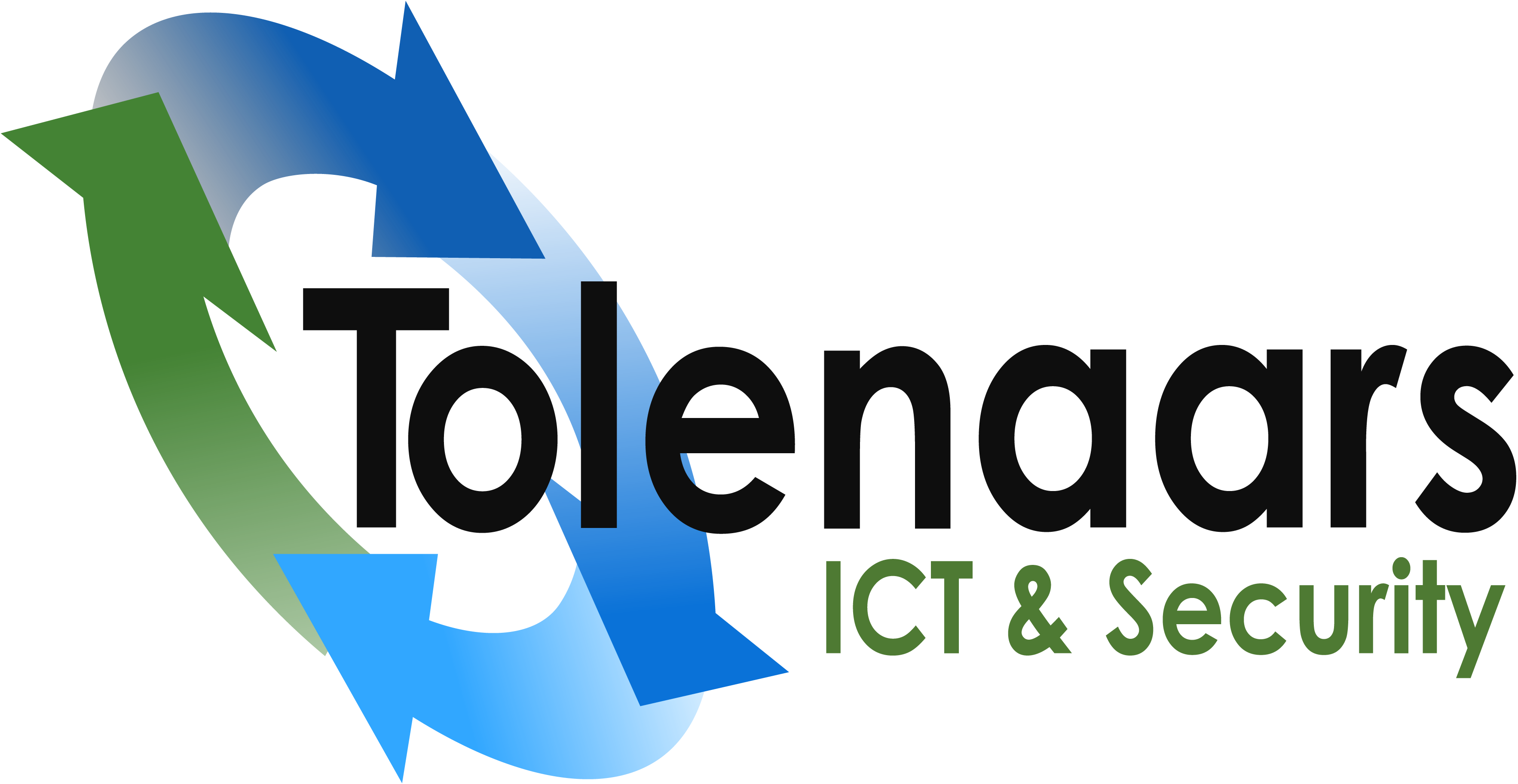 Het logo van Tolenaars ICT & Security met een schuine cirkel van dikke pijlen in blauw en groen en de naam in zwarte letters en de woorden ICT & Security in het groen.